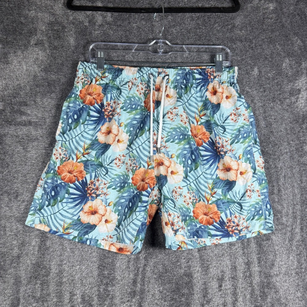 Franks Mens Floral Tropical Swim Shorts XL Blue Hibiscus Monstera Mesh Lined